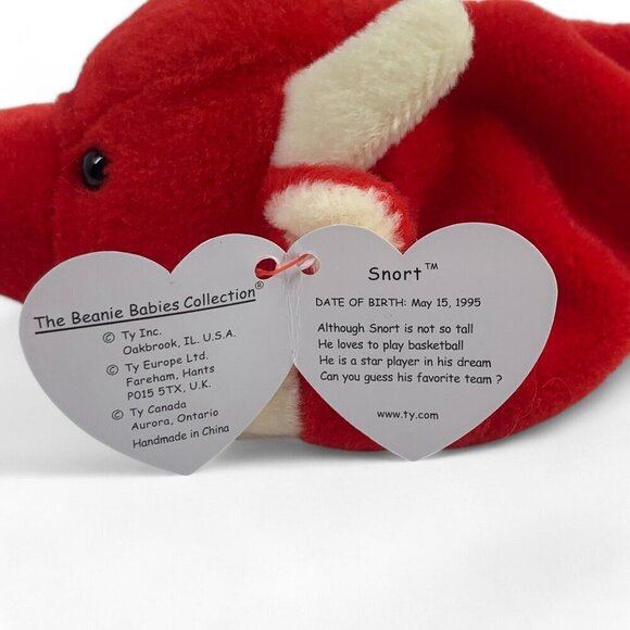TY Beanie Babies Snort The Bull 8" Plush Toy Collectible Red 1995 NWT - Picture 5 of 6